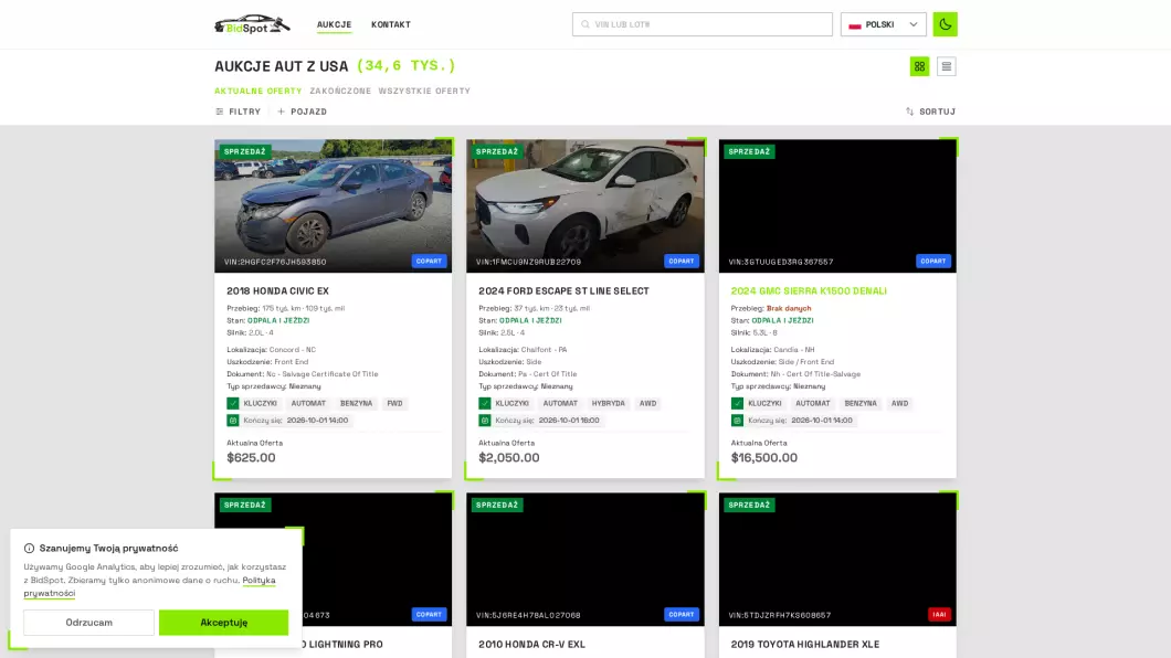 Import, sprowadzenia aut z USA | BidSpot - podgląd